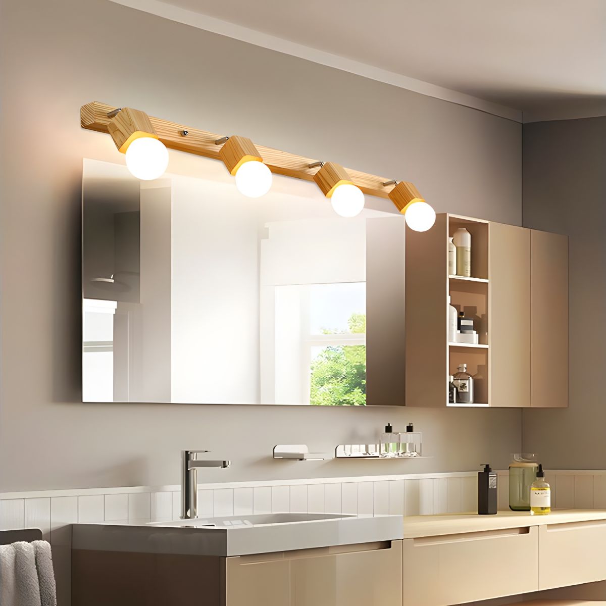 Bare Bulb Vanity Sconce Lights Ultra-modern Wood Wall Sconce Lighting for Bathroom - 220V-240V Wood Color 4-Light