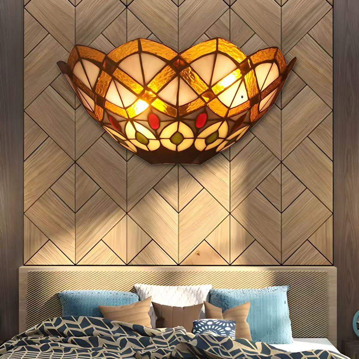 Stained Glass Bowl Wall Sconce with Peacock Design 2 Lights Victorian Wall Light - Brown 220V-240V
